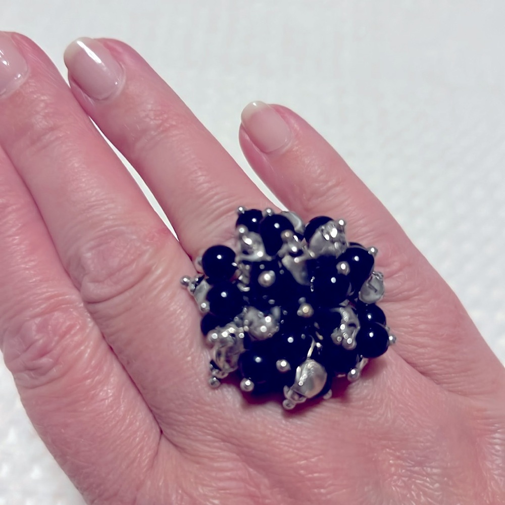 Adjustable ChaCha Black & Silver Beaded Ring